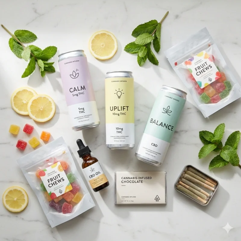 Variety of cannabis products for High January including THC beverages, edibles, CBD oil, and gummies for Milton delivery