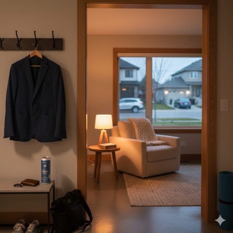 Milton professional unwinding after commute with cannabis microdosing beverage in cozy home setting