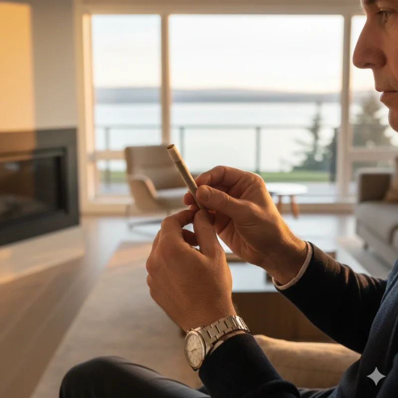 Person holding premium pre-roll in Oakville home ready for convenient cannabis consumption