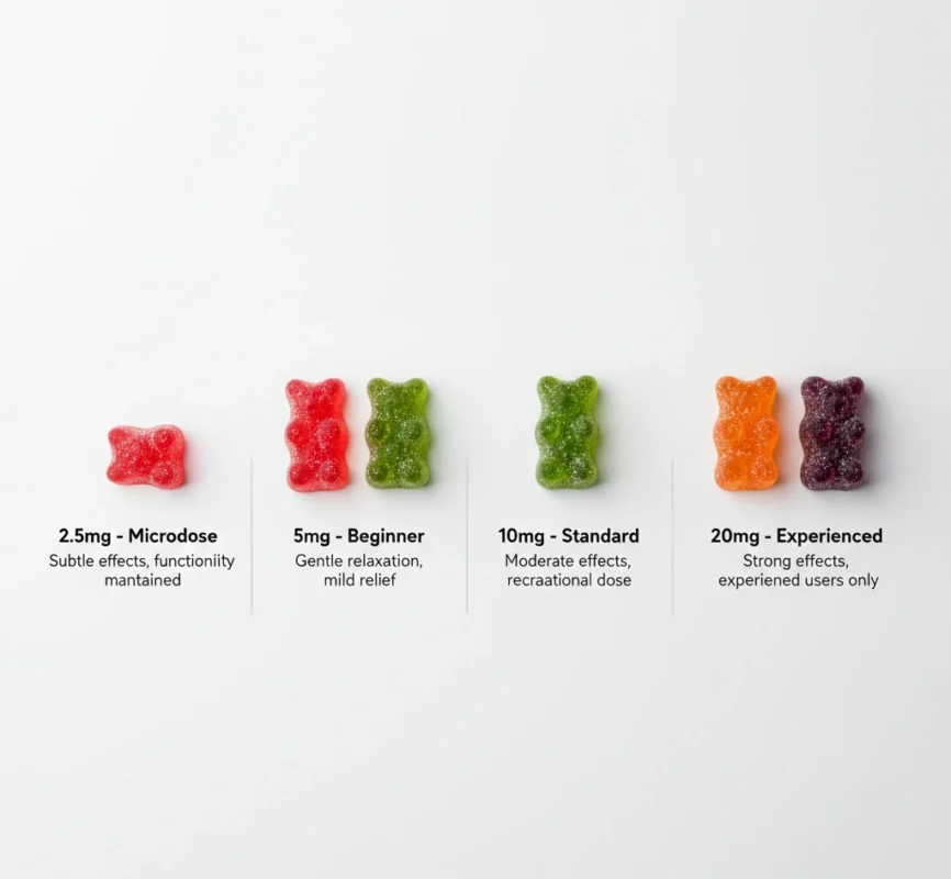 Oakville edibles dosing guide showing 2.5mg to 20mg THC portions for beginners to experienced users