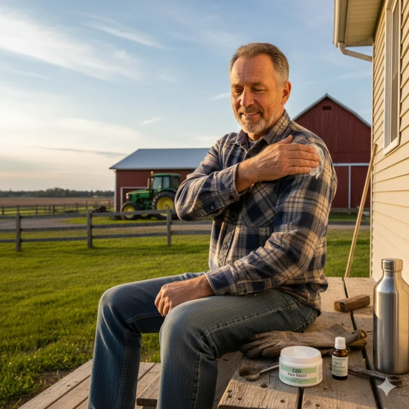 Farmer applying CBD topical pain relief cream after farm work showing cannabis delivery rural Ontario products for agricultural pain management