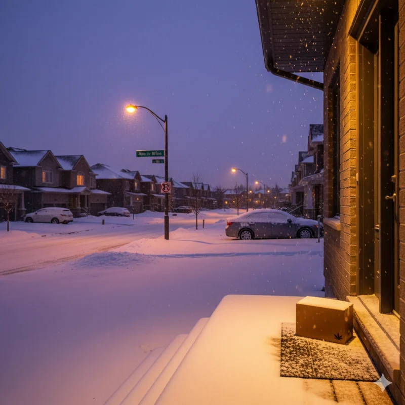 Milton cannabis delivery package on snowy doorstep during winter evening with warm home lighting and suburban street scene