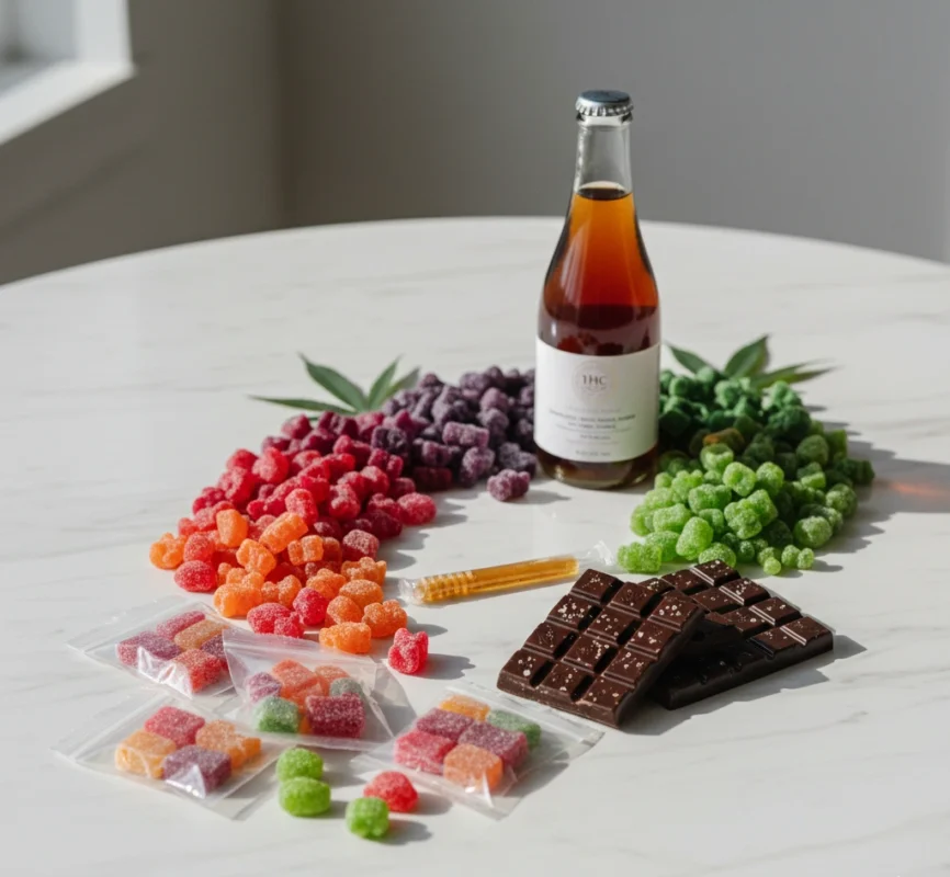 Oakville edibles premium THC gummies chocolates and cannabis beverages variety display