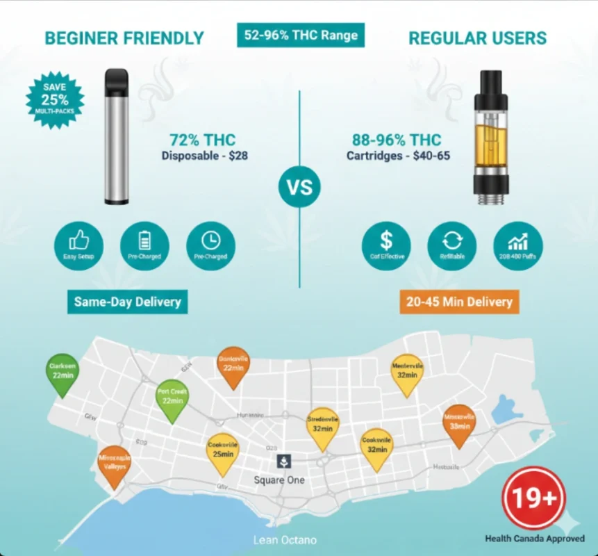Mississauga cannabis vapes comparison disposable 510 cartridges delivery map Clarkson Port Credit Meadowvale THC guide 2026