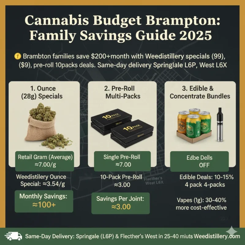 Brampton families save $200+ monthly on premium cannabis Weedistillery ounce specials pre-roll bundles Springdale L6P delivery