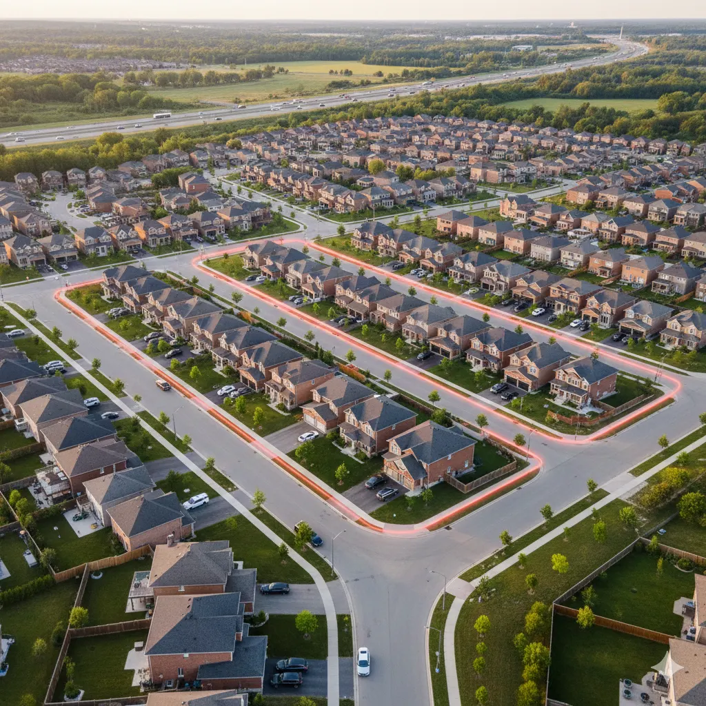 Springdale Brampton cannabis delivery L6P L6R neighborhoods 30-minute same-day service Highway 410 aerial view