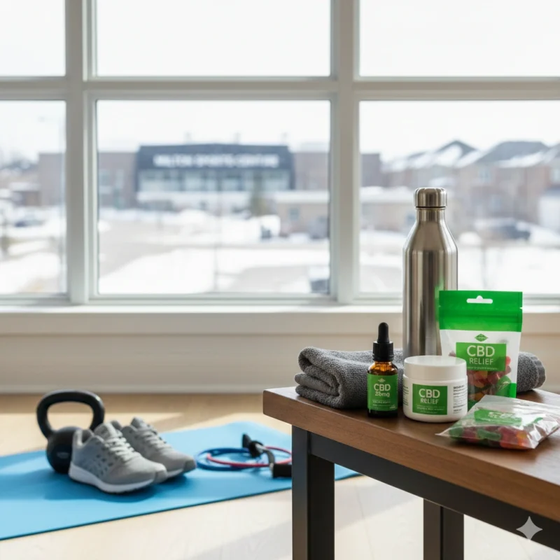 Milton cannabis fitness recovery setup showing CBD oil, gummies, and topical cream in home gym after workout