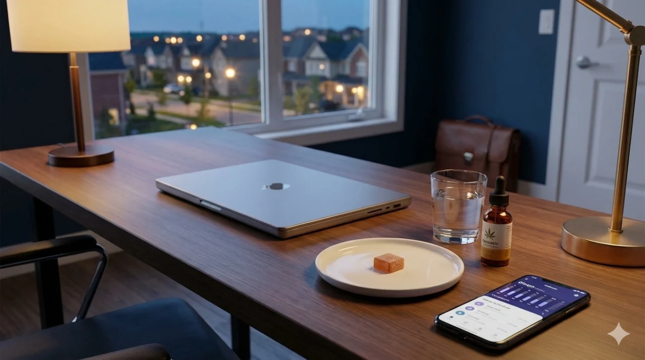Cannabis microdosing setup for Milton professionals showing 2.5mg THC gummy and tincture on desk after work