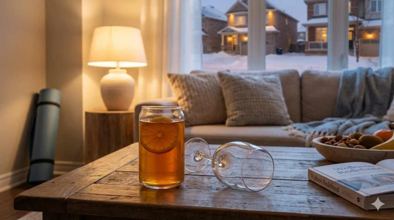 Cannabis beverage and wellness products on table replacing alcohol in cozy Milton Ontario home during High January 2026