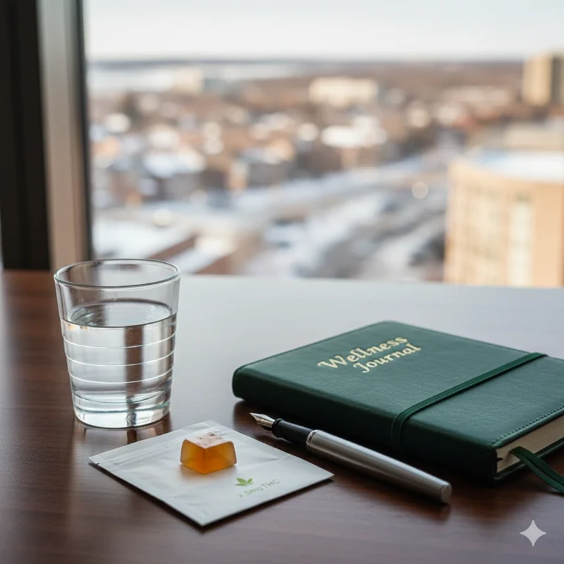Cannabis microdosing setup for Milton professionals showing 2.5mg THC gummy with wellness journal on office desk