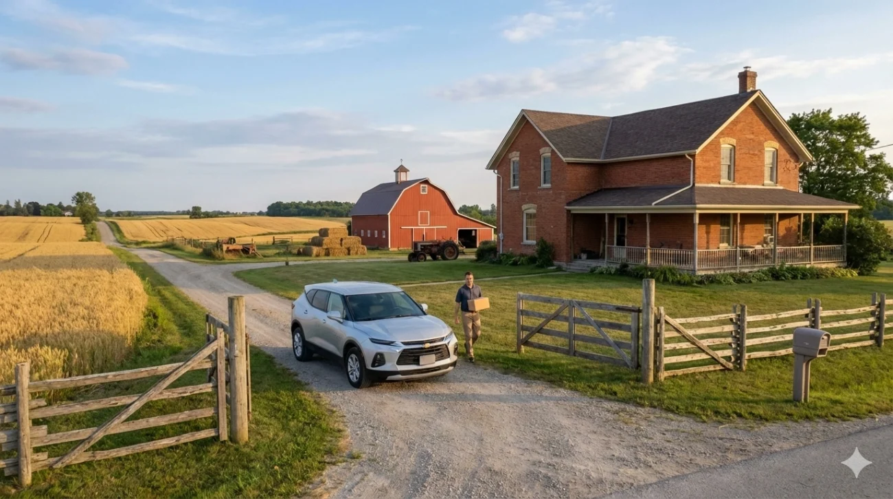 Cannabis delivery rural Ontario showing unmarked vehicle at Halton Hills farm gate with farmhouse and barn demonstrating discreet delivery to remote agricultural properties