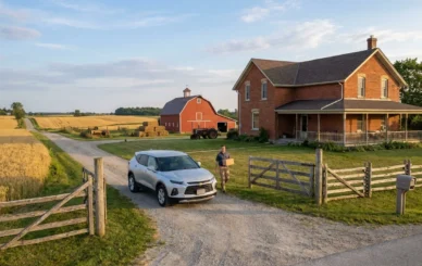 Cannabis delivery rural Ontario showing unmarked vehicle at Halton Hills farm gate with farmhouse and barn demonstrating discreet delivery to remote agricultural properties