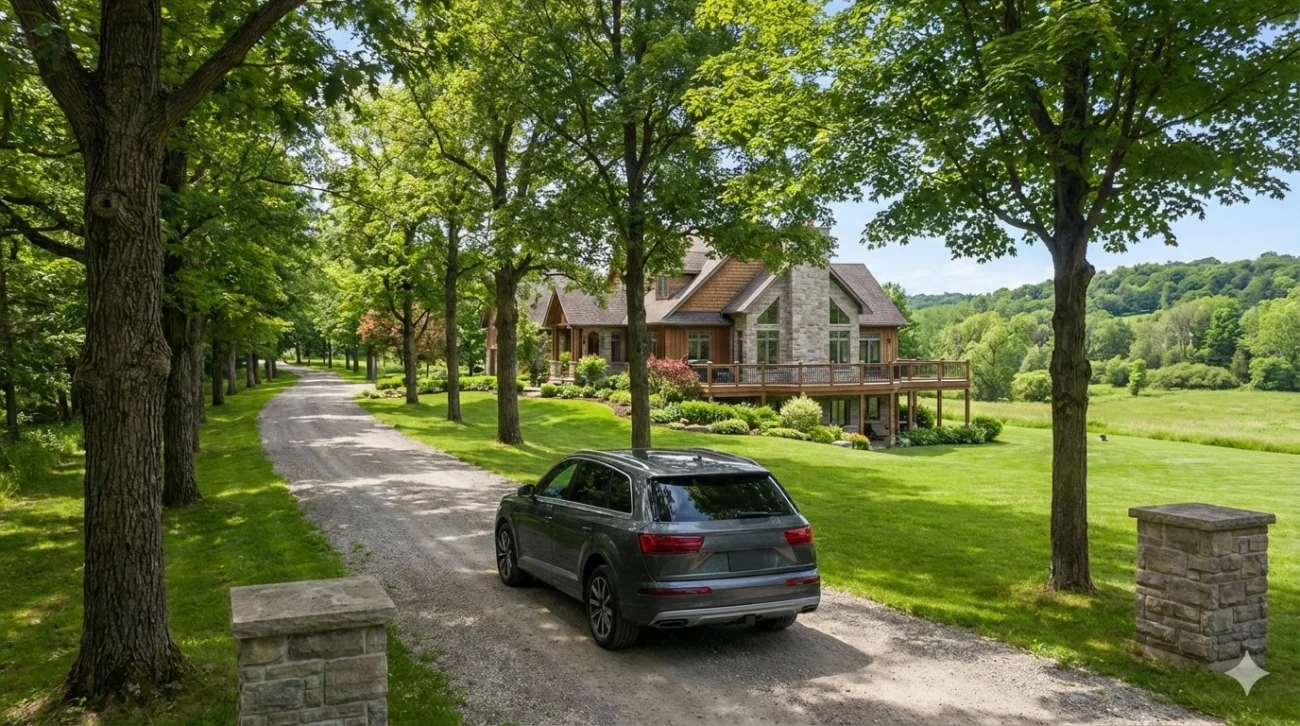 Discreet rural cannabis delivery showing unmarked vehicle on private country estate driveway in Halton Hills demonstrating Georgetown country home weed delivery privacy
