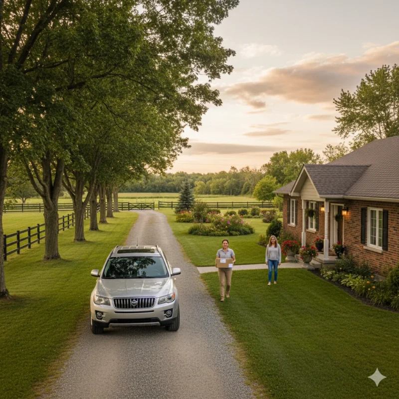 Discreet cannabis delivery Halton Hills showing unmarked vehicle and plain packaging at private rural property demonstrating private weed delivery Acton with complete anonymity