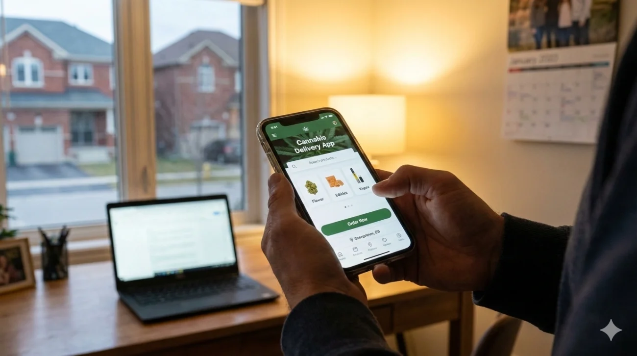 Georgetown weed delivery app on smartphone showing online cannabis ordering from home in Georgetown Ontario Halton Hills with two hour delivery