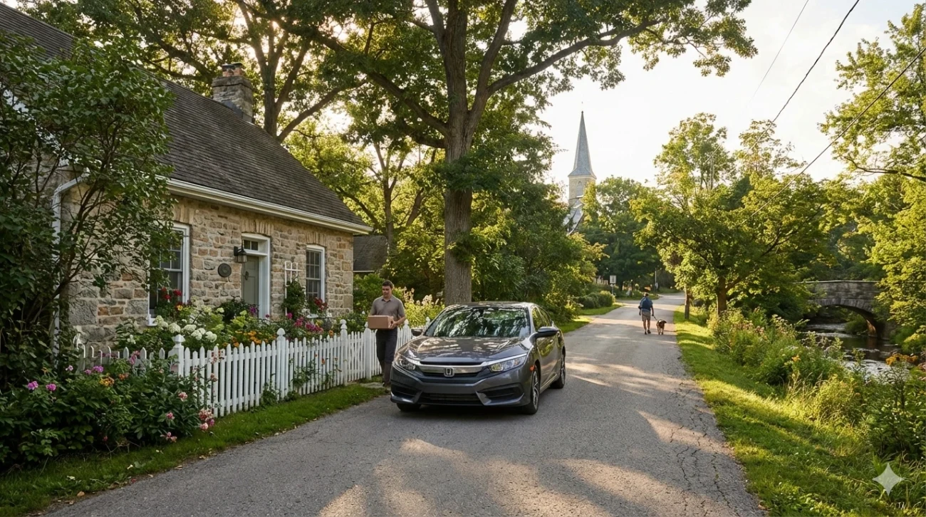 Glen Williams cannabis delivery showing discreet unmarked vehicle on historic hamlet street in Halton Hills rural cannabis delivery service to heritage villages