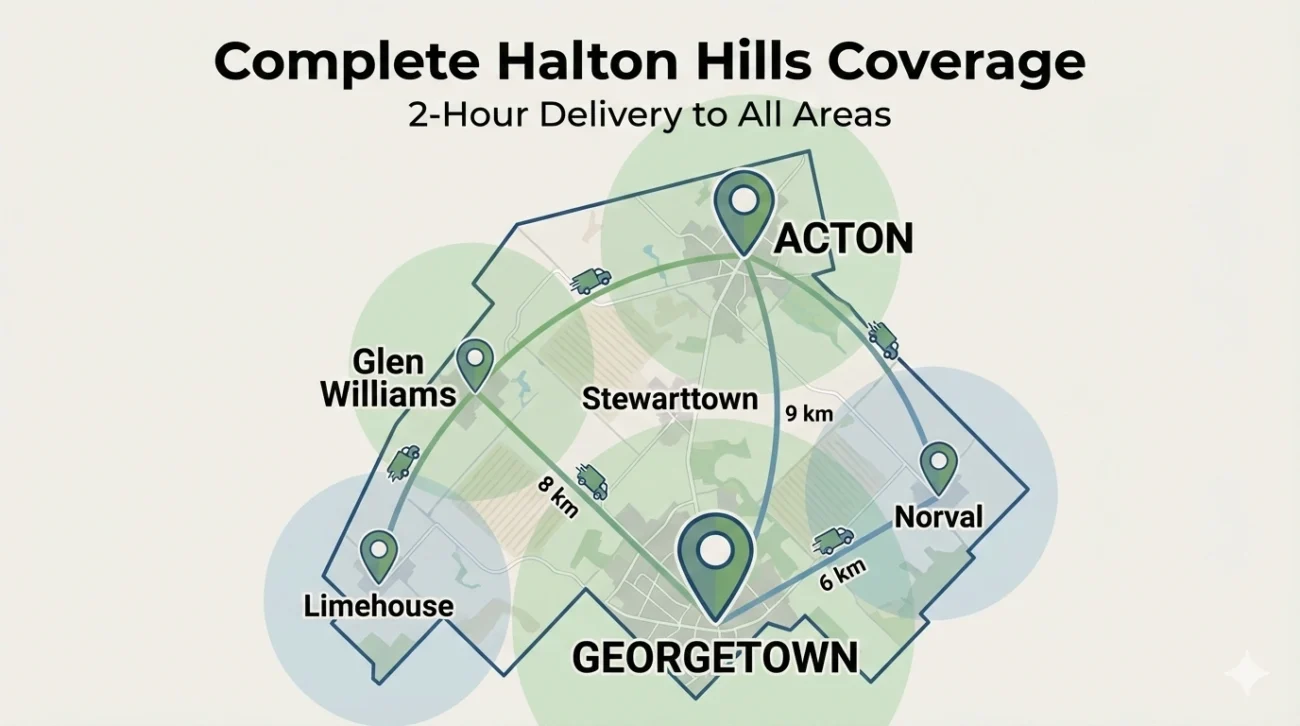Halton Hills cannabis delivery coverage map showing Acton Georgetown Glen Williams Norval Limehouse service area for weed delivery across all communities