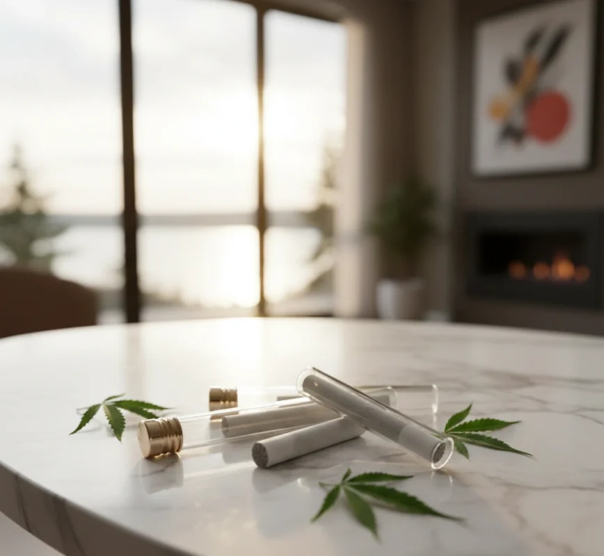 Premium pre-rolls arranged on marble surface Oakville cannabis delivery Weedistillery