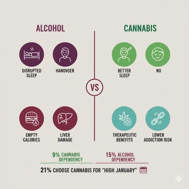 Cannabis versus alcohol health comparison infographic showing benefits and risks for High January participants in Milton