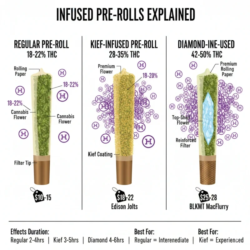 Infused cannabis pre-rolls explained Burlington regular vs kief vs diamond THC 18-50 percent comparison diagram beginner guide