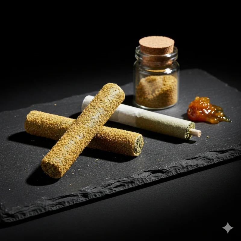 Infused pre-rolls with kief coating compared to regular pre-roll showing potency enhancement