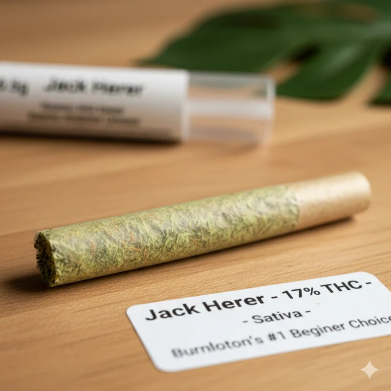 Jack Herer sativa cannabis pre-roll Burlington beginner 17-19 percent THC 0.5g workday focus energy clear-headed lime green