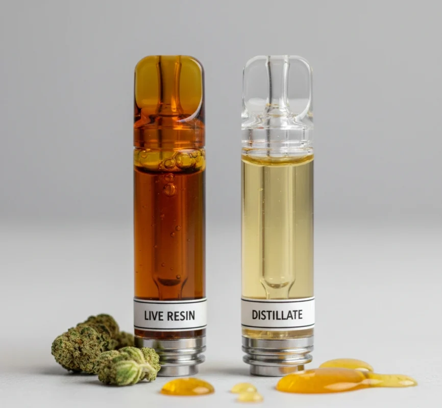 Oakville vape pens live resin versus distillate cartridge oil color comparison