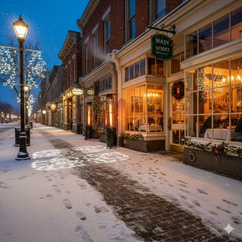 Main Street Milton winter dining scene with illuminated restaurants historic storefronts and snow-covered sidewalks evening atmosphere