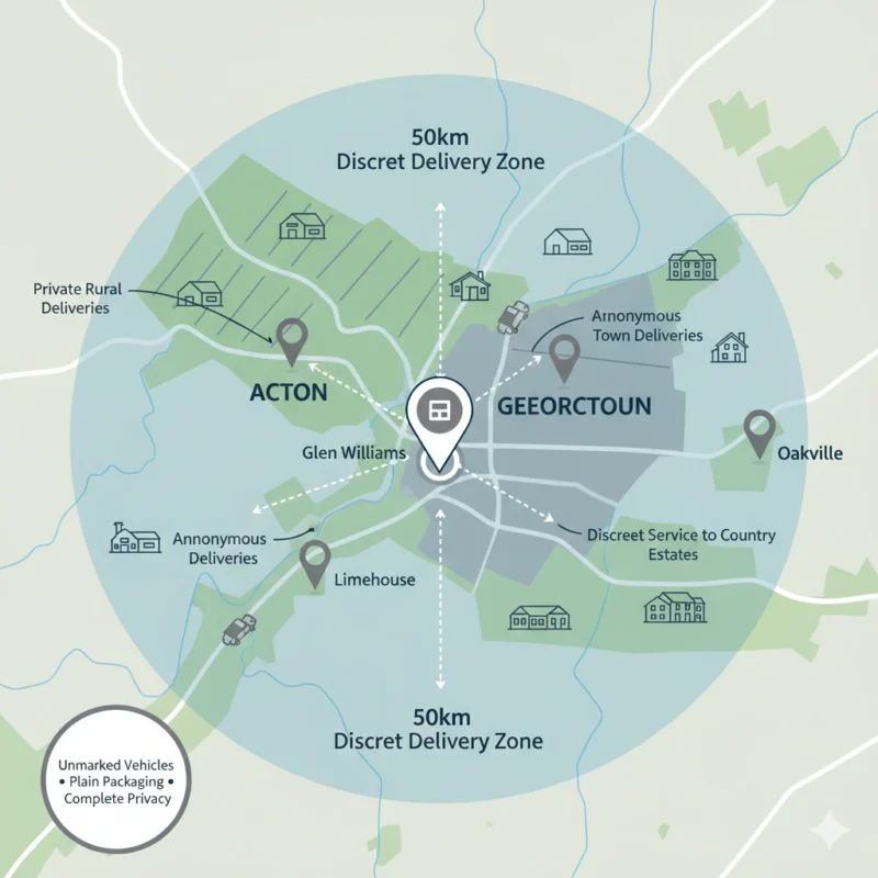 Discreet cannabis delivery Halton Hills coverage map showing private weed delivery Acton and anonymous cannabis delivery Georgetown service zones reaching rural farms and country homes