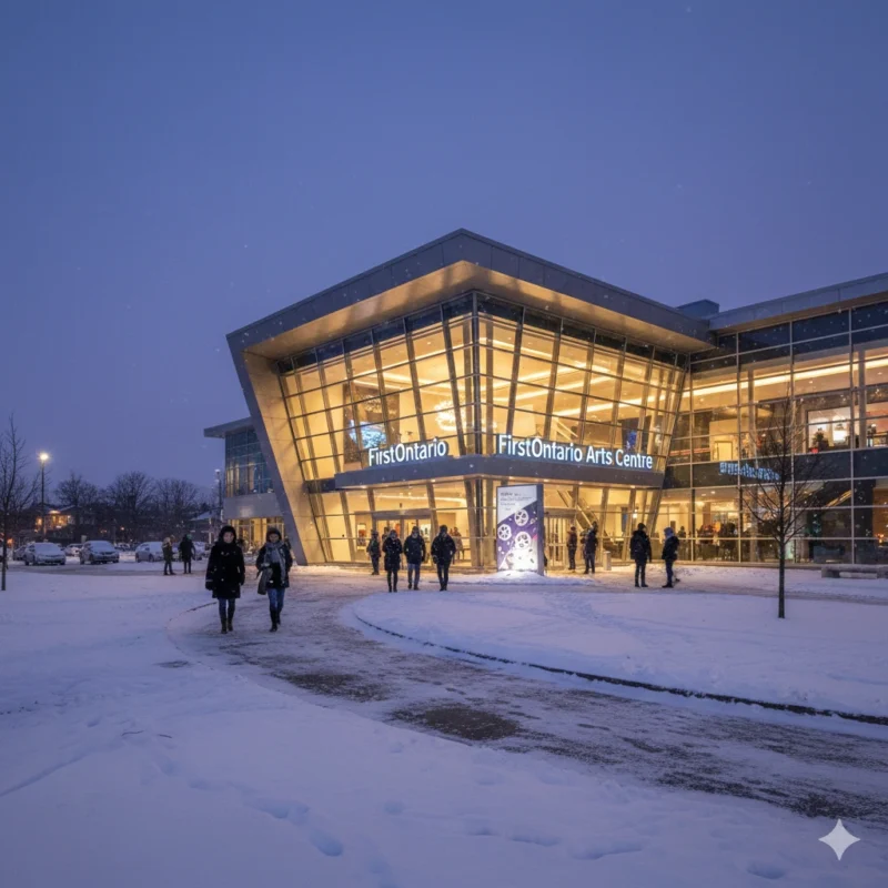 FirstOntario Arts Centre Milton exterior during winter evening Film Festival with illuminated building and snow-covered entrance plaza