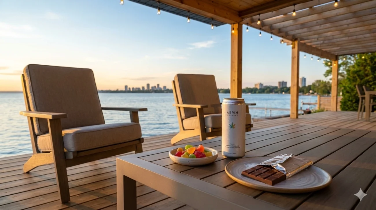 Burlington cannabis edibles guide 2026 showing THC gummies beverages chocolate on lakefront deck at sunset Ontario Canada