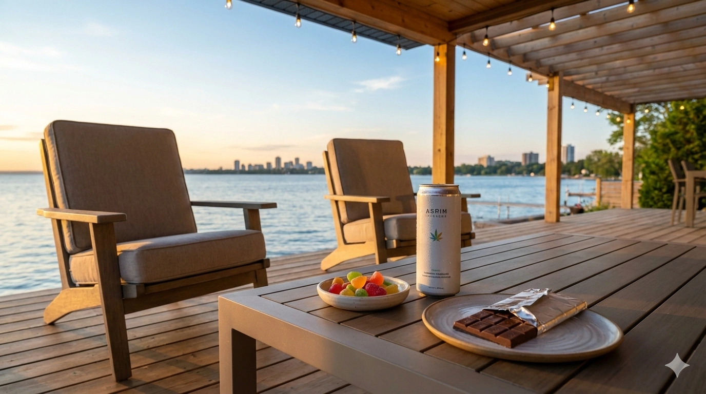 Burlington cannabis edibles guide 2026 showing THC gummies beverages chocolate on lakefront deck at sunset Ontario Canada