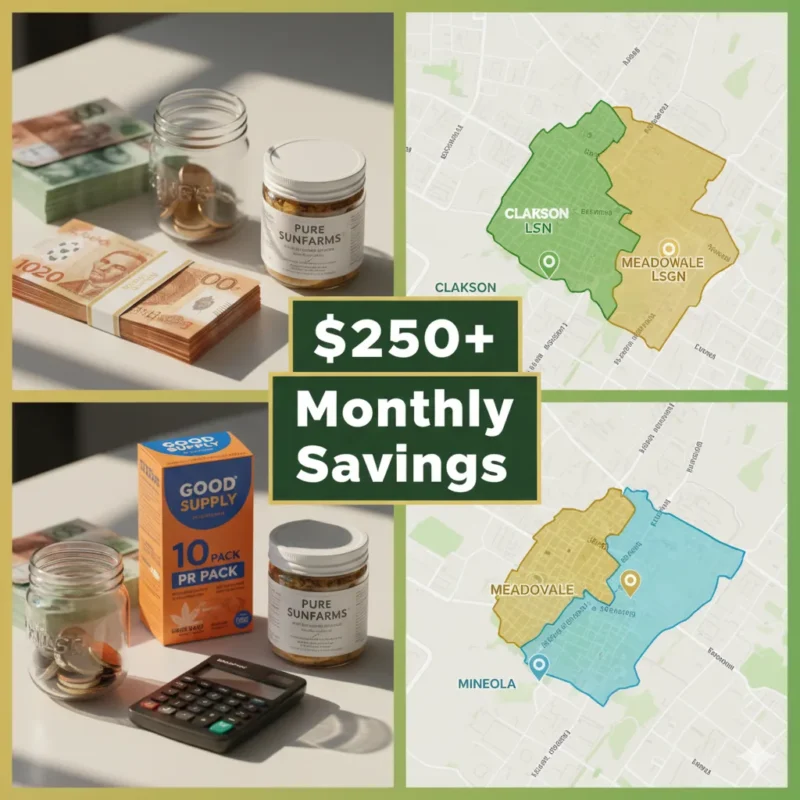 Mississauga weed delivery savings $250 monthly Clarkson L5J Meadowvale L5N Mineola L5G bulk ounce deals map