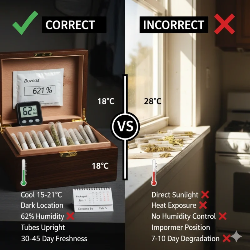 Cannabis pre-roll storage Burlington correct vs incorrect humidity temperature dark location 30-day freshness preservation tips
