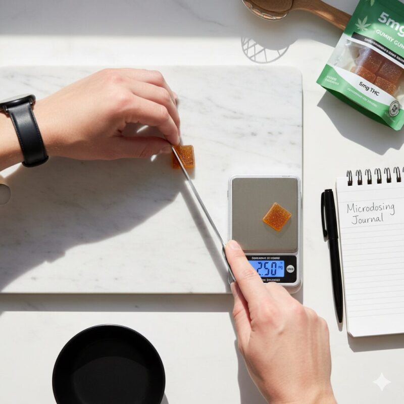 Precise cannabis microdosing technique: cutting 5mg THC gummy in half for 2.5mg dose for Milton beginners