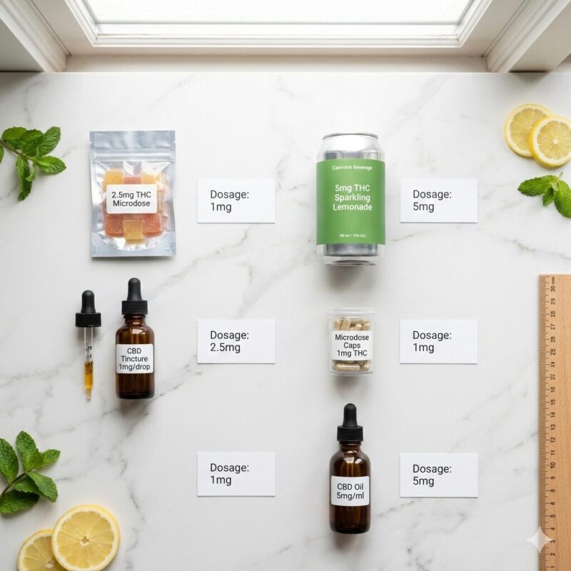 Variety of cannabis microdosing products for Milton professionals: gummies, beverages, tinctures, and capsules with precise dosing