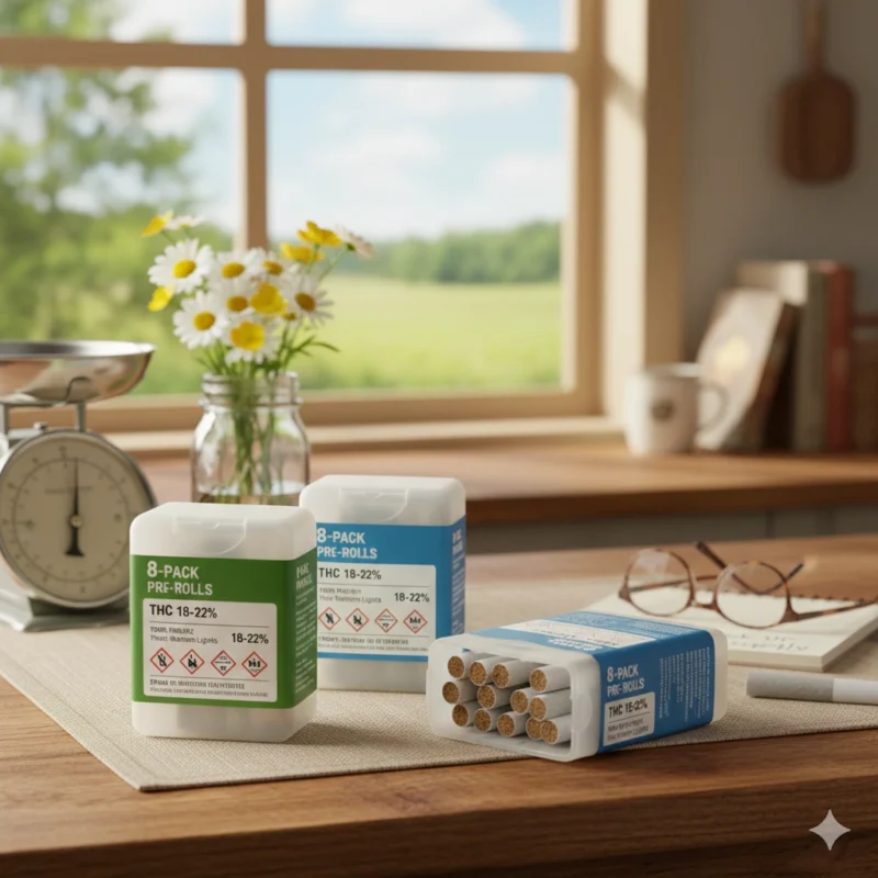 Pre-roll multipack rural Ontario showing 8-pack pre-roll bundles with professional packaging for bulk pre-rolls Halton Hills delivery demonstrating weekly supply convenience