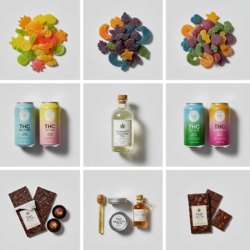 Oakville edibles variety 2026 showing THC gummies beverages chocolates and novelty products