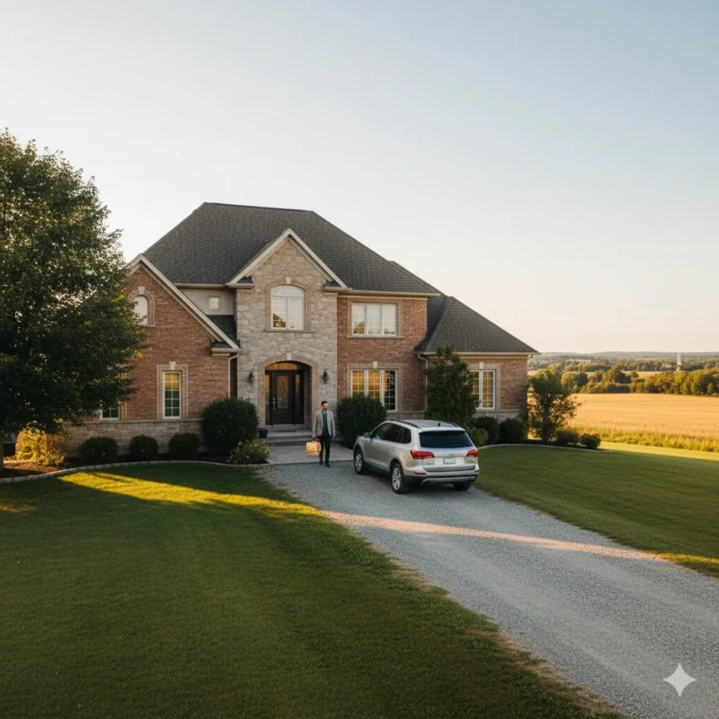 Discreet cannabis delivery vehicle arriving at rural Halton Hills country home showing Acton and Georgetown weed delivery service to remote properties
