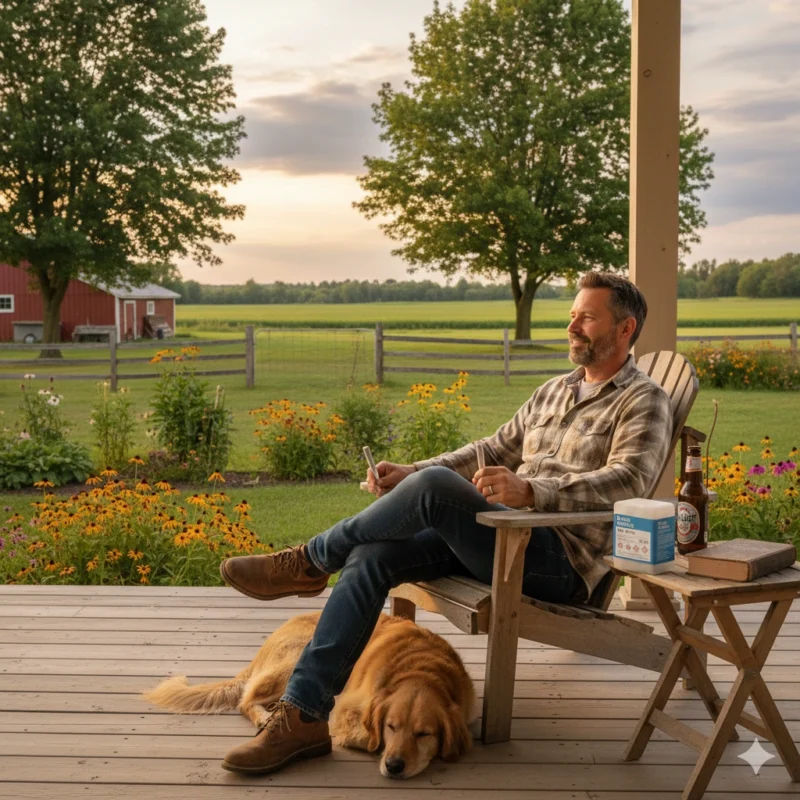 Georgetown cannabis pre-rolls showing rural resident relaxing with pre-roll on country property demonstrating convenient stock-up lifestyle with pre-roll bundles Halton Hills delivery