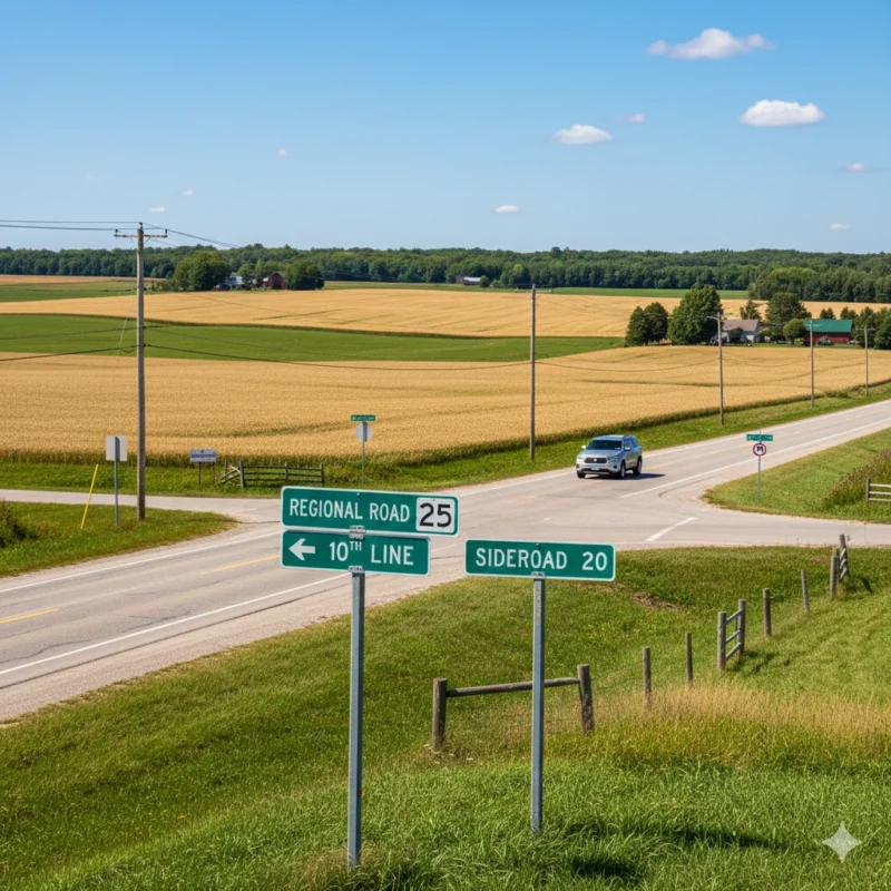 Halton Hills rural routes road signs showing cannabis delivery rural Ontario geographic coverage to all concession roads and remote farm areas
