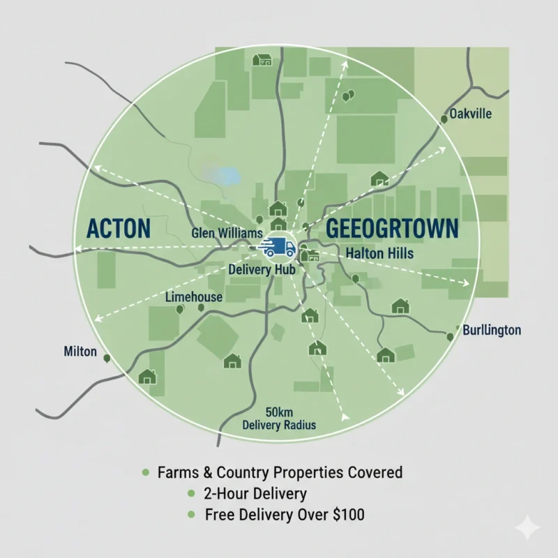 Acton pre-roll delivery service area map showing Georgetown cannabis pre-rolls coverage zones for pre-roll bundles Halton Hills delivery to farms and rural properties