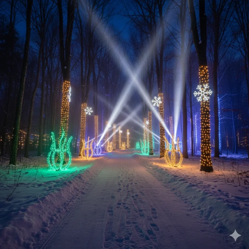Winterlit illuminated trail at Mountsberg Conservation Area with colorful light installations through snowy forest Milton winter event