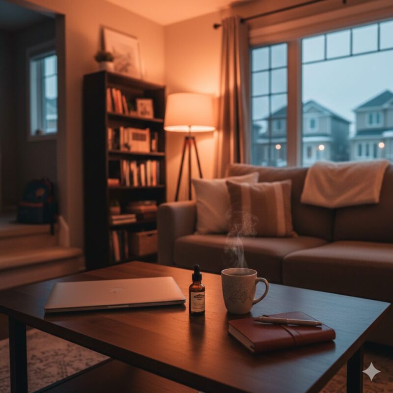 Milton parent practicing responsible cannabis microdosing with tincture after family time for work-life balance