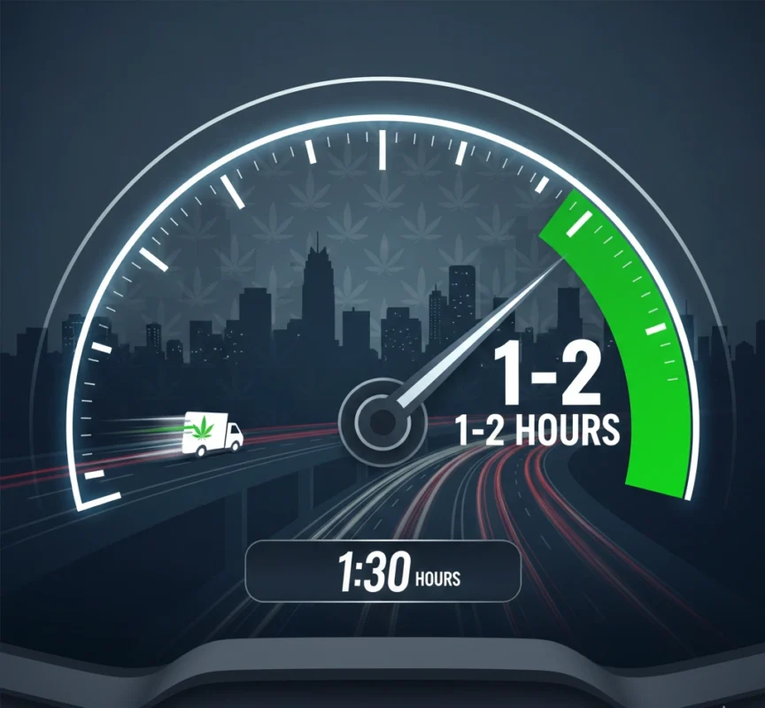 Speedometer graphic showing fast cannabis delivery Brampton in 1-2 hours with Brampton skyline.
