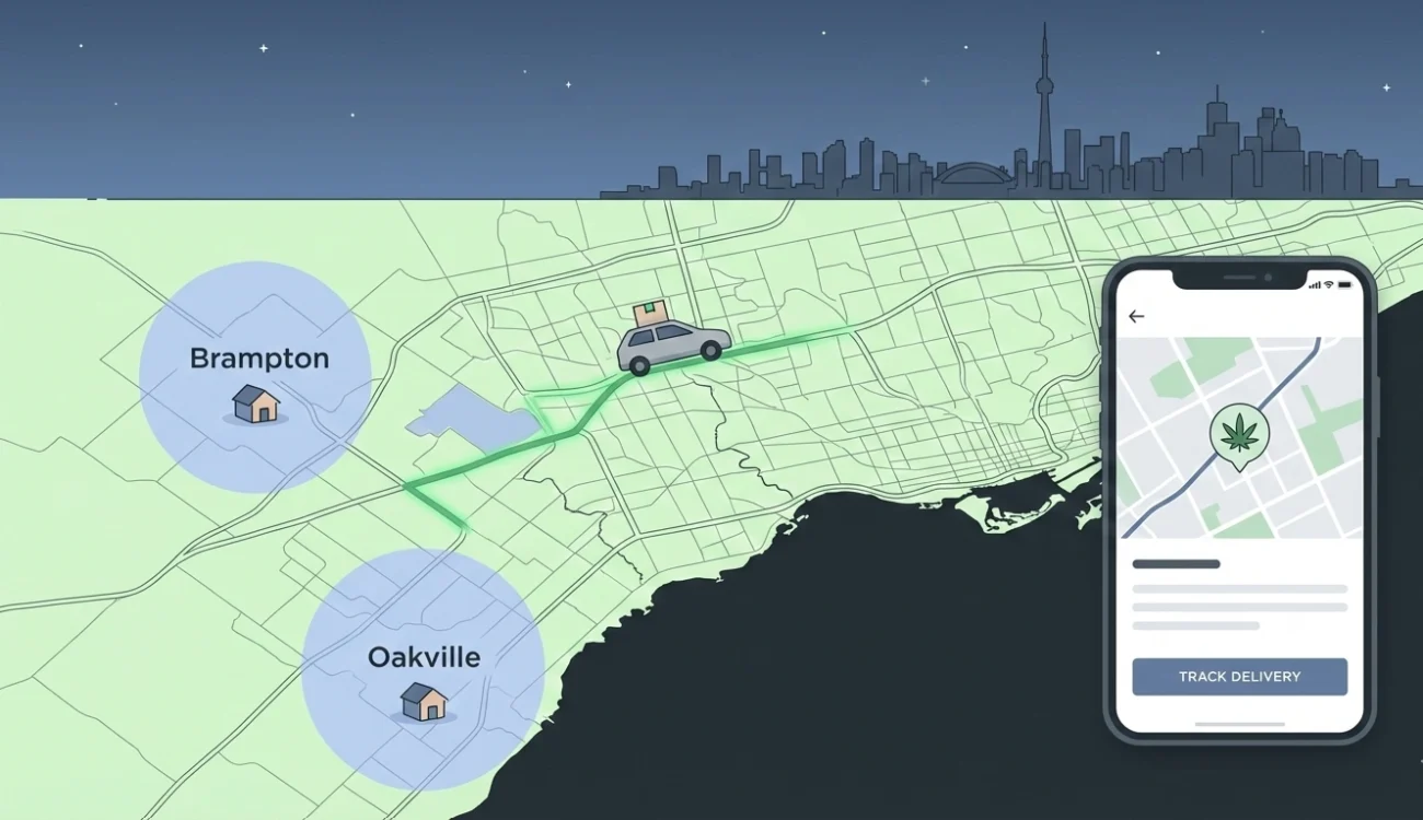 Same day weed delivery driver on a GTA map highlighting Brampton and Oakville with a cannabis app on a smartphone.