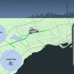 Same day weed delivery driver on a GTA map highlighting Brampton and Oakville with a cannabis app on a smartphone.