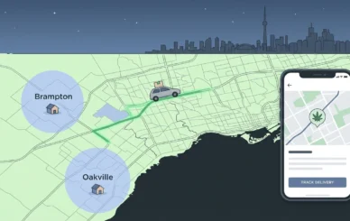 Same day weed delivery driver on a GTA map highlighting Brampton and Oakville with a cannabis app on a smartphone.