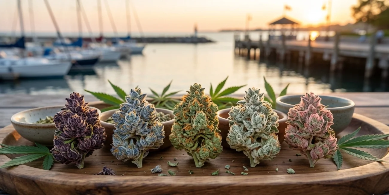 Oakville's top 5 premium cannabis flower strains 2026 with Lakeside Harbour backdrop.