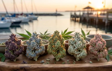 Oakville's top 5 premium cannabis flower strains 2026 with Lakeside Harbour backdrop.